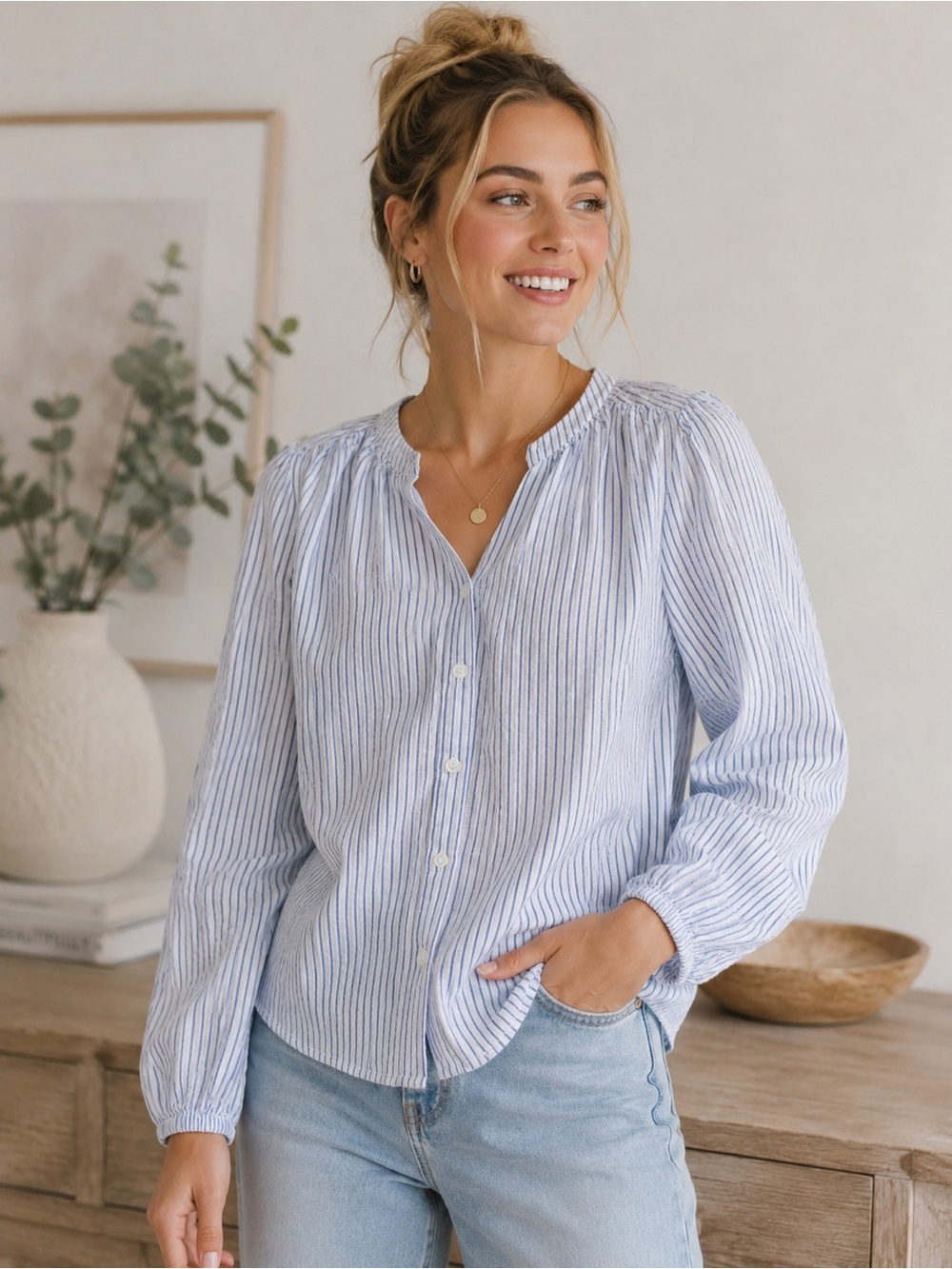 Free Assembly Cottagecore Lightweight Blue And White Striped Button-Front Blouse